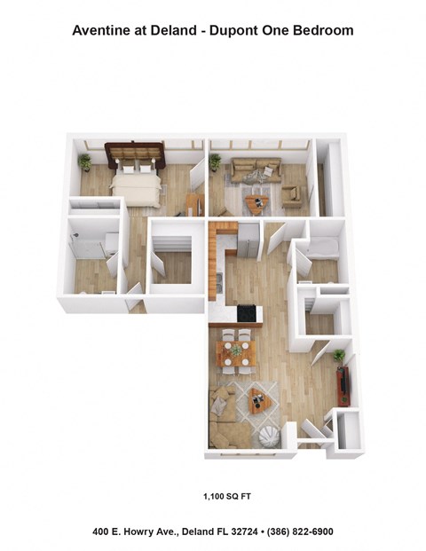 Floor plan for 1 bed, 2 baths, 1100 sqft